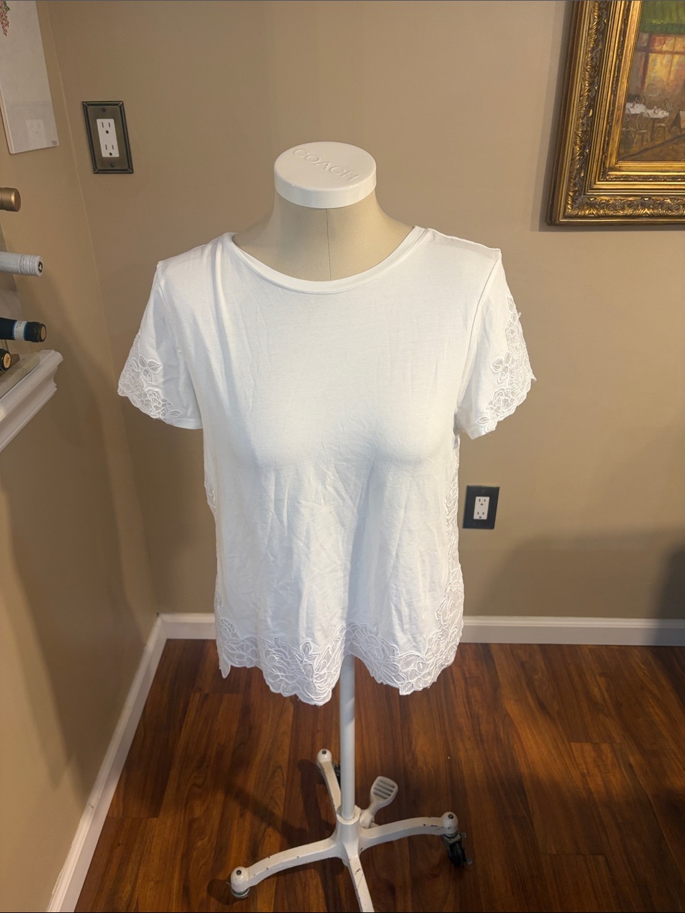 White House Black Market White Lace-Trim Short Sleeve Tee